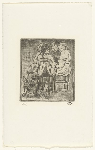 座っている 5 人の女の子のグループ 作： Lucien Pissarro