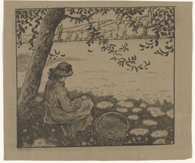 牧草地の木の下の女の子 作： Lucien Pissarro
