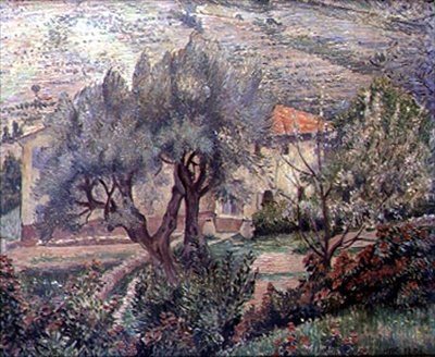 オロビダの風景、桜の木」（油彩・キャンバス） 作： Lucien Pissarro