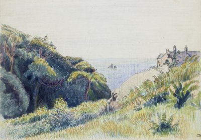 The Coastguards House、Ecclesbourne、1918（テクスチャ紙にペンとグレーのインクと色のクレヨン） 作： Lucien Pissarro