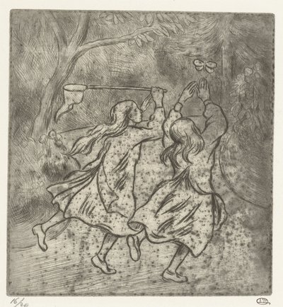 蝶を捕まえる 2 人の女の子 作： Lucien Pissarro