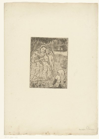 牧草地で 2 人の女の子を持つ女性 作： Lucien Pissarro