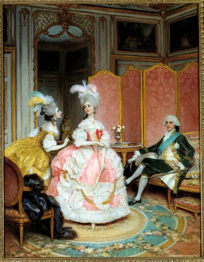 売春のこと"The pretty courtesan" 18世紀のプライベートサロンで、仲人を介して紳士に紹介された若い女性。ルシウス・ロッシ（1846-1913）による絵画 作： Lucius Rossi