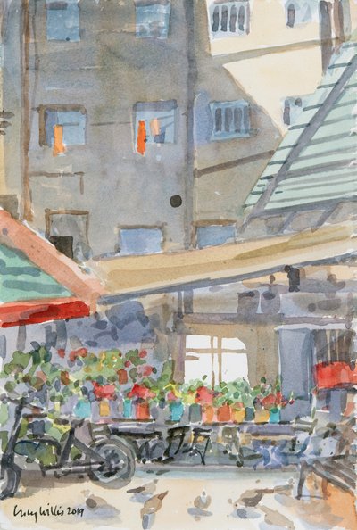 Orange Dusters Drying、マヘイン・イェフダ、エルサレム、2019年（紙にw - c） 作： Lucy Willis
