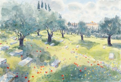 オリーブグローブ（エルサレムのキデロンの谷の神殿の丘）、2019年（紙にw - c） 作： Lucy Willis