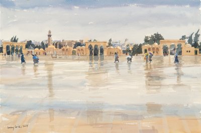 神殿の丘の風と雨、エルサレム、2019年（紙にw - c） 作： Lucy Willis