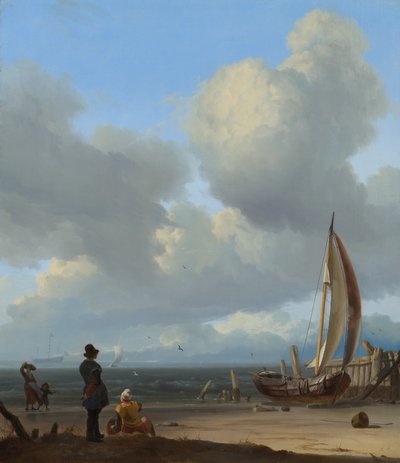 オランダ語：Zeegezicht met figuren bij een vissersboot op het strand ハウズダイネン近郊の海岸でボートに乗った人物のいる広範な海景。 作： ルドルフ・バクホイゼン