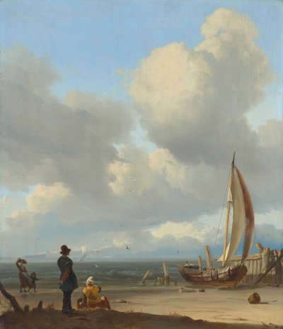 オランダ語：Zeegezicht met figuren bij een vissersboot op het strand ハウズダイネン近郊の海岸でボートに乗った人物のいる広範な海景。 作： ルドルフ・バクホイゼン