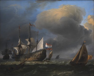 オランダ軍兵士と漁船のある海の風景 作： Ludolf Bakhuizen