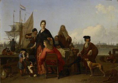 アムステルダム、Y 通りの Mosselsteiger (Mussel 桟橋) で食事する Bakhuysen と Hooghe 家族 作： Ludolf Bakhuysen (signed by artist)