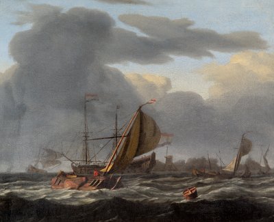 荒海の錨泊する軍艦（キャンバスに油彩） 作： Ludolf I Backhuysen