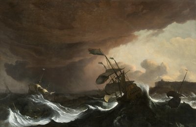 1700年から1705年頃の海岸沖の嵐の海での船（キャンバスに油彩） 作： Ludolf I Backhuysen