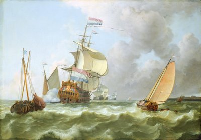 フルセイルの軍艦「ホランディア」（帆布に油彩） 作： Ludolf I Backhuysen