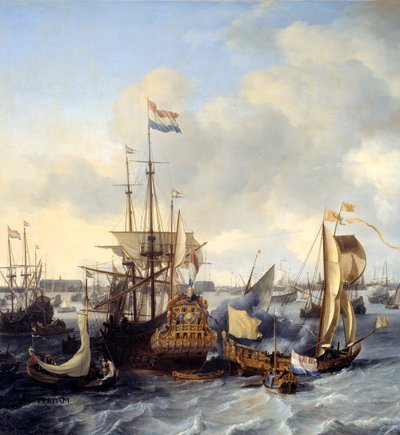 Ijからのアムステルダム港の眺め 詳細ルードルフ・バックホイゼン(1631-1708)画 1666年 日1,28×2,21メートル 作： Ludolf I Backhuysen