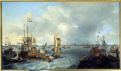 Ijから見たアムステルダム港の眺め ルードルフ・バックホイゼン（1631-1708）の絵 1666年 Sun.1,28×2,21メートル 作： Ludolf I Backhuyzen