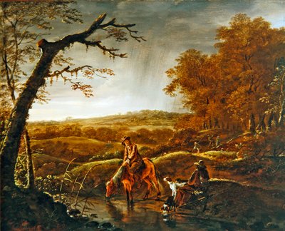 小川のほとりで馬と犬を連れて休息する狩人たち 1650年頃（パネルに油彩） 作： Ludolf de Jongh