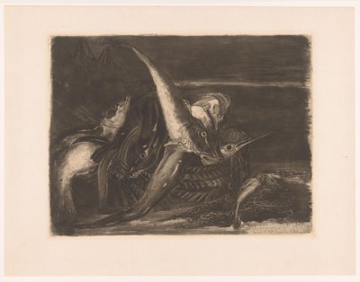 ビーチでかごに入った魚 作： Ludovic Napoléon Lepic