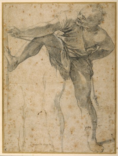 ロープを引く男性、左足の2回目のリハーサル（紙に黒チョーク 作： Ludovico Carracci