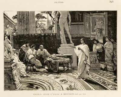 ヴァージルがアエネイスを読むのを聞いているマエケナス、ロドヴィコ・ポリアギ（1857-1950）によるローマの初期の歴史のためのイラスト、フランチェスコ・ベルトリーニ（1836-1909）によるフラテッリ・トレヴェス版、ミラノ 作： Ludovico Pogliaghi