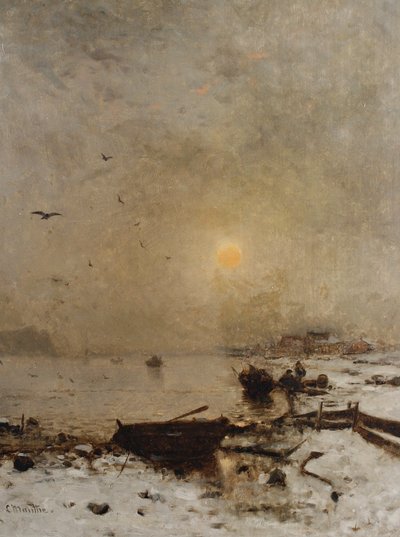 湖に沈む夕日 作： ルドヴィグ・ムンテ