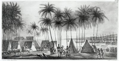 G.ラングリューム（fl.1822-40）1822によって刻まれた「世界の航海ピトレスク」からのサンドイッチ諸島のハナロウの港 作： Ludwig Choris