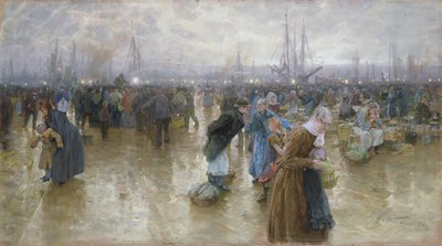 アルトナのフィッシュマーケット、1890パステル、ダンボール 作： Ludwig Dettmann