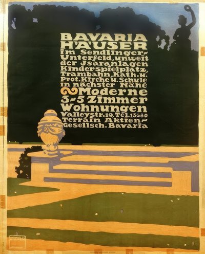 バイエルン センドリング・ウンターフェルトの住宅、イザール公園からほど近い／子供の遊び場、トラム、キャス 作： Ludwig Hohlwein