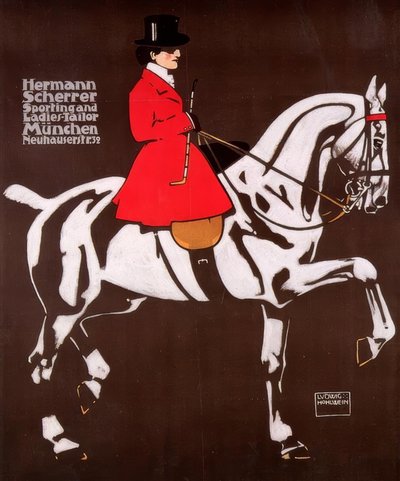 イギリスでのキツネ狩りの際に着用する乗馬衣装を着た女性 作： Ludwig Hohlwein