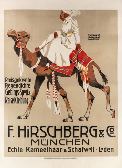 Hirschberg & Co. スポーツと旅行用の衣類、1907 年。 作： Ludwig Hohlwein