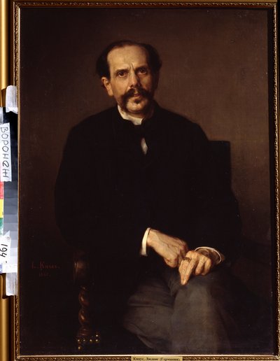 ""Portrait of a man"" 彼は黒のスーツを着て、指にはシグネット リングをはめています。 Ludwig Knaus (1829-1910) の絵画 Ivan Kramskoy (または Kramskoi) ロシアのヴォロネジ (ヴォロネジ) にある美術館。 作： Ludwig Knaus