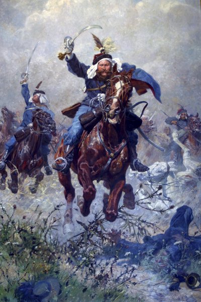 1866年、1908年のクストザの戦いにおけるマクシミリアンリッターフォンロダコウスキー大佐と第13回ウーラン（リネンに油彩） 作： Ludwig Koch
