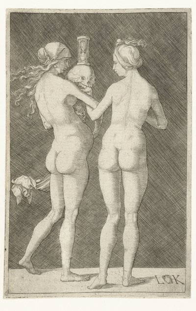 頭蓋骨と砂時計を持つ 2 人の裸の女性 作： Ludwig Krug