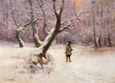 ハンターのいる冬の風景（キャンバスに油彩） 作： Ludwig Munthe