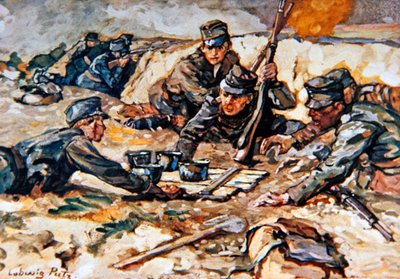 ロシアの大砲からの攻撃を受けているオーストリアの塹壕に食料を運ぶ 作： Ludwig Putz
