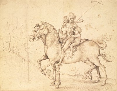 馬に乗った野蛮人（ペンと茶色のインク） 作： Ludwig Schongauer