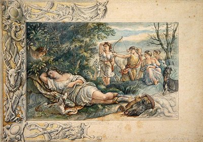 仲間と一緒に眠るディアナ（紙に黒鉛の水彩画） 作： Ludwig Sigismund Ruhl