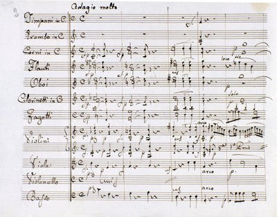ドイツの作曲家ルートヴィヒ・ヴァン・ベートーヴェン（1770-1827）の交響曲第1番ハ長調の楽譜ページ（1799-1800）ミラノのBiblioteca del Conservatorio 作： Ludwig van Beethoven