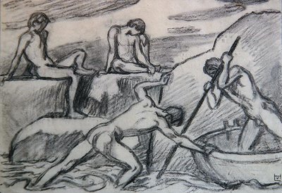 緑の岸辺の裸の船頭と若者たち（紙に黒鉛） 作： Ludwig von Hofmann