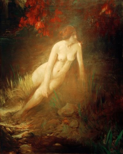 岩が多い花の咲く銀行の女性ヌード 作： Ludwig von Hofmann