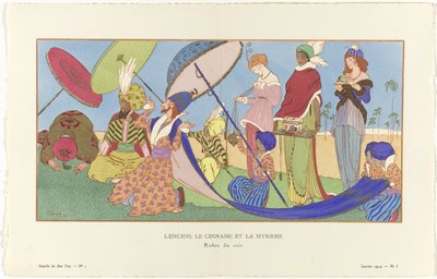 Gazette du Bon Ton, 1914 - No. 1, Pl. I: お香、シンナメ、ミルラ / イブニング ドレス。 (オブジェクトのタイトル) 作： Ludwik Strimpl