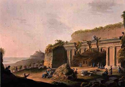 ロバート・ボウヤー（1758-1834）が出版した『オスマン帝国の景観』から、ロードス島のリンド近郊の岩に切られた石窟、1803年（カラー・アクアチント）。 作： Luigi (after) Mayer