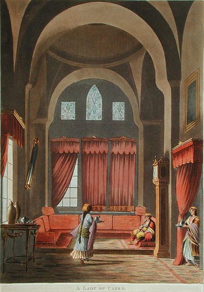 1802年に出版された「ロバート・アインズリー卿所蔵の原画によるエジプトの風景」より「カイロの貴婦人」（カラーリトグラフ）。 作： Luigi (after) Mayer
