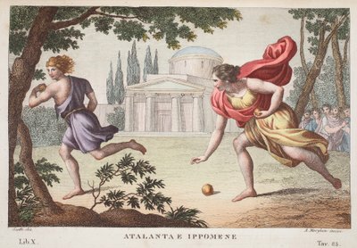 Atalanta and HippomenesまたはAtalanta e Ippomene、Book X、illustration from Ovid&39;s Metamorphoses、Florence、1832（hand-coloured engraving） 作： Luigi Ademollo