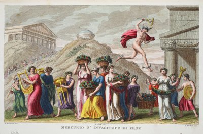 水星はHerseまたはMercurion s&39;invaghisce di Erseと恋に落ちます、Ovidの変容、フィレンツェ、1832年からのイラスト（手彩色の彫刻） 作： Luigi Ademollo