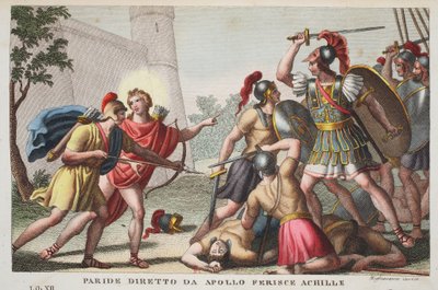 Paris Kills Achilles or Paride diretto da Apollo Ferince Achille、Book XIII、illustration from Ovid&39;s Metamorphoses、Florence、1832（hand-coloured engraving） 作： Luigi Ademollo