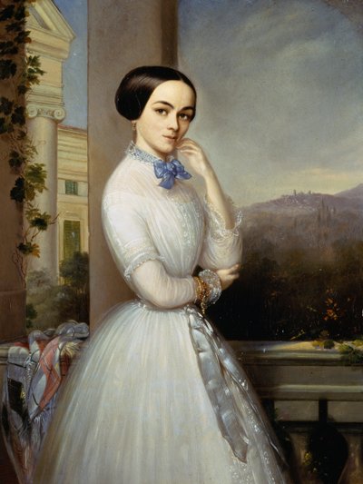 バルコニーで白いドレスを着た女性の肖像画 作： Luigi Basiletti