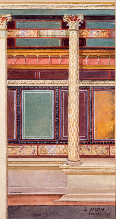 キュービクルムの建築様式のフレスコ画、シルバーウェディングの家、ポンペイ、1897 作： Luigi Bazzani