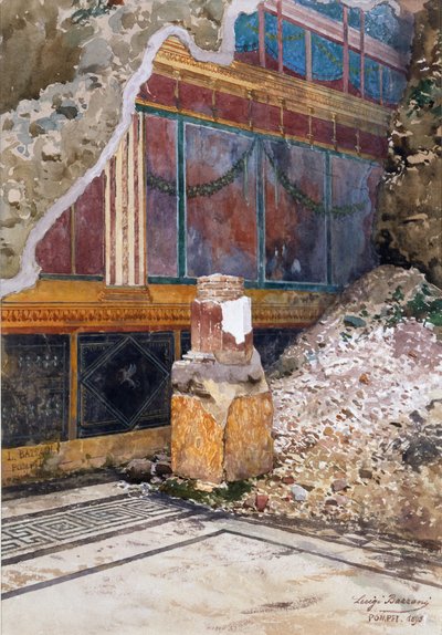 ポンペイ、1897年の発掘中に現場で見られた花輪のフレスコ画が損傷した、銀の結婚式の家 作： Luigi Bazzani