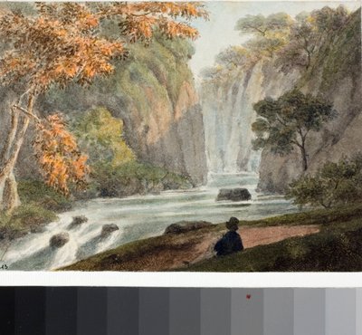 川と滝のある風景」（水彩画、1825年頃 作： Luigi Garibbo