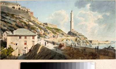 ジェノバの街の灯台「ランテルナ」（水彩画、1825年頃 作： Luigi Garibbo